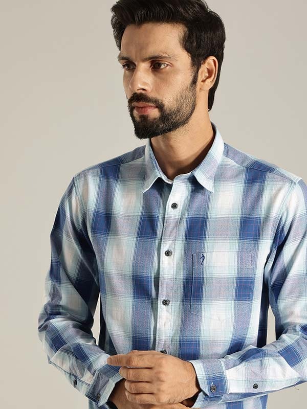Indian Terrain Men's Slim Fit Full Sleeve Checkered Blue Shirt